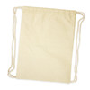 A drawstring backpack in a natural beige color, made from durable fabric, featuring rope-style drawstrings for closure.