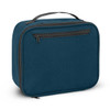 A teal lunch cooler bag with a zip closure and a front pocket, featuring a sturdy handle on top.