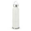 A drink bottle in a sleek white design with a stainless steel base and a metal handle on the cap.