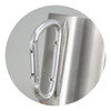 A stainless steel coffee mug featuring a silver carabiner handle. The mug has a sleek finish and includes a logo.