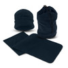 A navy blue scarf and beanie set, accompanied by a matching drawstring storage bag. The materials appear soft and warm.