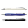 Three plastic pens in white, blue, and black, each with a silver clip and a unique design feature.