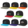 A variety of flat peak caps in black with contrasting coloured brims, featuring different logos.
