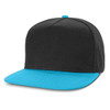A Crusade Flat Peak Cap featuring a black body and a bright turquoise brim.