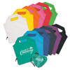 A collection of reusable grocery bags in various colours, with a logo on some bags and a foldable design.