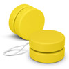 A yellow wooden yoyo with a white string, featuring a smooth finish and rounded edges. It has a logo on one side.