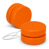 An orange wooden yoyo with a string, featuring a smooth, round design. The product has a logo on it.