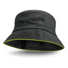 A black bucket hat with a coloured lime green trim and eyelets for ventilation. It features a circular design.