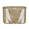 A brown cooler bag with white handles and a front pocket, featuring a zip closure. It has a simple, natural design.