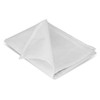 A folded white cotton tea towel made of soft fabric, featuring a logo.