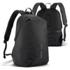 A black backpack with a sleek design, featuring padded straps and a textured back panel, has a logo.