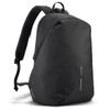 A black backpack with padded shoulder straps and a side zip pocket. It features a logo detail on the side.