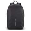 A black soft backpack featuring a minimalist design and a logo. Ideal for everyday use or casual outings.