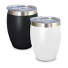 A drink bottle duo featuring a black and a white vacuum cup with stainless steel rims and clear lids.