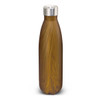 A drink bottle with a wood-like brown finish and a stainless steel cap, featuring a logo.