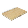 A bamboo notebook with a spiral binding and a leather strap, featuring a natural wooden finish.
