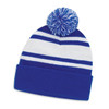 A blue and white striped beanie with a pom pom on top and a fold-over cuff. It features a logo.