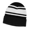 A black and white striped beanie featuring a rolled cuff and a logo.