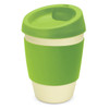 A drink bottle with a green silicone lid and sleeve, featuring a cream-coloured base and a logo.