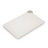 A white vanity card mirror with a smooth surface and rounded corner, featuring a metal accent.