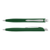 A green plastic pen with silver accents and a clip, featuring a smooth design and a logo.