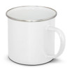 A white enamel mug with a silver rim and a handle, featuring a logo.