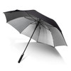 A black umbrella with a grey underside and a black handle, featuring a logo on the shaft.