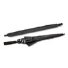 A black umbrella displayed in both its closed and open positions, featuring a sleek design and a comfortable handle.