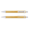 A bamboo pen with silver accents, featuring a sleek design and a clip for attachment.