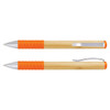 A bamboo twist pen with orange rubber grips and silver accents. It features a clip and smooth writing tip.
