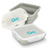 A collapsible lunch box in grey and white, featuring a logo, with two containers stacked.