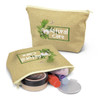 A tan cosmetic bag with floral design, partially open to reveal various beauty products inside.