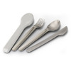 A travel cutlery set featuring a grey spoon, fork, knife, and silver serving spoon, with a logo on one piece.