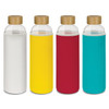 A drink bottle set with glass containers and coloured neoprene sleeves in white, yellow, red, and teal, each with a bamboo lid.
