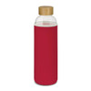 A drink bottle with a clear glass body, red neoprene sleeve, and a wooden lid. It features a logo.