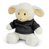 A soft, fluffy lamb plush toy with cream and beige fur, wearing a black hoodie. It has a friendly, smiling face.