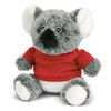 A grey koala plush toy with a black nose, wearing a red shirt, seated with its arms and legs outstretched.