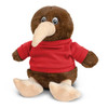 A brown plush kiwi toy wearing a red shirt, featuring large eyes and a long beak. It has a logo on its shirt.