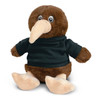 A brown kiwi plush toy with light-coloured feet, wearing a black shirt, featuring large eyes and a long beak.