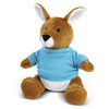A plush kangaroo toy in brown and white, wearing a light blue t-shirt, with large ears and a friendly expression.