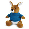 A brown kangaroo plush toy wearing a blue shirt, sitting upright with white detailing on its belly and ears.