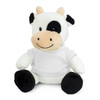 A plush cow toy with a black and white pattern, featuring a smiling face and dressed in a plain white T-shirt.