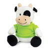 A plush cow toy with a black and white design, wearing a green shirt, featuring a friendly smile and soft texture.