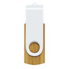 A bamboo flash drive with a white top section, featuring a circular hole for attachment.
