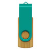 A bamboo flash drive featuring a turquoise plastic cap and a circular hole for easy attachment.