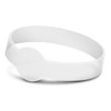 A white silicone wristband with a debossed section and a seamless design. It features a logo.