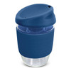 A drink bottle featuring a blue silicone sleeve and lid, made of clear borosilicate glass, with a brand logo.
