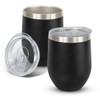 A drink bottle featuring a powder-coated black finish, with a stainless steel rim and a clear lid.