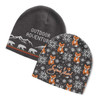 A grey knitted beanie featuring a mountain and bear design, and another with fox illustrations and a logo.