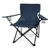 A folding chair in navy blue with cup holders on each armrest, featuring a black frame.